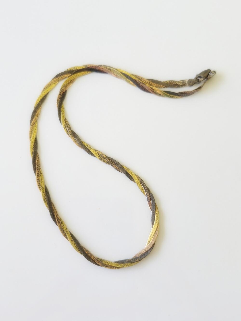 Vintage Tri-color Sterling Silver Braided Herringbone Chain Necklace